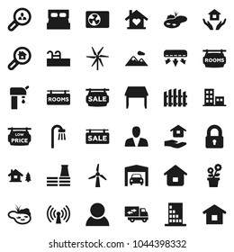 Flat vector icon set - house hold vector, chalet, pond, pool, windmill, water supply, mountain, garage, fence, sale signboard, rooms, low price, apartments, search estate, client, consumer, lock