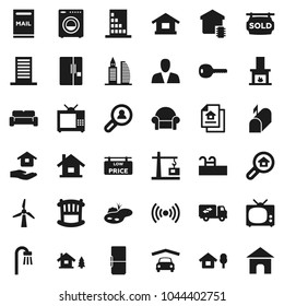 Flat vector icon set - house hold vector, chalet, pond, pool, mailbox, windmill, garage, estate document, sold signboard, low price, office building, search, client, consumer, key, crib, bath, tv