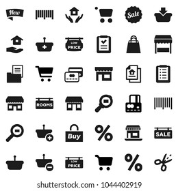 Flat vector icon set - house hold vector, cart, credit card, office, cargo search, estate document, sale signboard, rooms, low price, new, shopping bag, percent, market, store, buy, barcode, basket