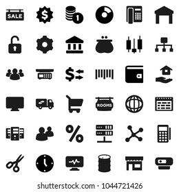 Flat vector icon set - house hold vector, schedule, scissors, world, bank, exchange, pie graph, japanese candle, wallet, coin stack, clock, dollar medal, warehouse, oil barrel, barcode, group, gear