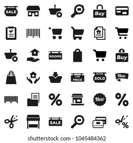 Flat vector icon set - house hold vector, cart, office, cargo search, estate document, sale signboard, rooms, sold, low price, credit card, new, shopping bag, percent, market, store, buy, barcode