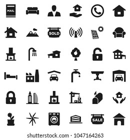 Flat vector icon set - house hold vector, cottage, mailbox, solar panel, windmill, water supply, fruit tree, mountain, garage, sale signboard, sold, office building, consumer, lock, unlock, table