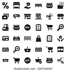 Flat vector icon set - house hold vector, cart, credit card, office, cargo search, estate document, sale signboard, rooms, sold, low price, new, shopping bag, percent, market, store, barcode, basket