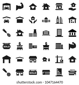 Flat vector icon set - house hold vector, skimmer, school building, bank, muscule hand, office, dry cargo, warehouse, hospital, chalet, garage, sold signboard, apartments, love home, factory, store