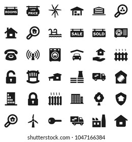 Flat vector icon set - house hold vector, cottage, pool, windmill, fruit tree, garage, barn, sale signboard, rooms, sold, low price, apartments, office building, search estate, client, key, lock