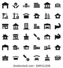 Flat vector icon set - house hold vector, skimmer, university, school building, bank, muscule hand, office, dry cargo, warehouse, cottage, garage, barn, apartments, love home, construction crane