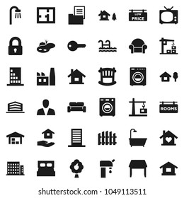 Flat vector icon set - house hold vector, chalet, pond, pool, water supply, fruit tree, barn, fence, plan, estate document, rooms signboard, low price, apartments, office building, consumer, key, tv