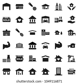 Flat vector icon set - house hold vector, skimmer, university, bank, muscule hand, office, dry cargo, warehouse, hospital building, cottage, chalet, garage, barn, sold signboard, apartments, factory