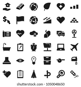 Flat vector icon set - house hold vector, towel, mixer, notebook pc, alarm clock, archive, flag, leaf, gold ingot, dollar cursor, heart pulse, stairways run, cross, route, plane, clipboard, sorting