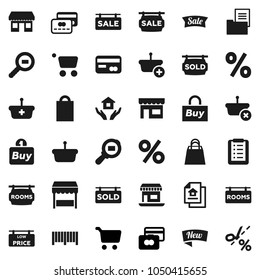 Flat vector icon set - house hold vector, cart, credit card, office, cargo search, estate document, sale signboard, rooms, sold, low price, new, shopping bag, percent, market, store, buy, barcode