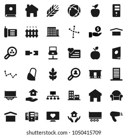 Flat vector icon set - house hold vector, apple fruit, constellation, investment, hierarchy, cereals, heart monitor, phone, truck trailer, dry cargo, Railway carriage, bandage, connection, server