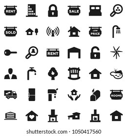 Flat vector icon set - house hold vector, cottage, chalet, pond, windmill, water supply, fruit tree, barn, sale signboard, rent, rooms, sold, low price, office building, client search, consumer, key