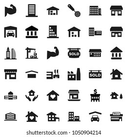 Flat vector icon set - house hold vector, skimmer, school building, university, bank, muscule hand, office, dry cargo, warehouse, hospital, cottage, chalet, garage, barn, sold signboard, apartments