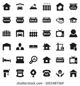 Flat vector icon set - house hold vector, pond, water supply, fruit tree, mountain, garage, barn, fence, sale signboard, rent, rooms, sold, low price, client search, consumer, crib, heating, tv