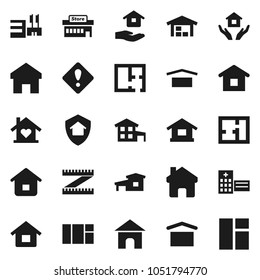 Flat vector icon set - house hold vector, measuring, dry cargo, hospital building, home, attention sign, cottage, barn, plan, love, protect, mall, window