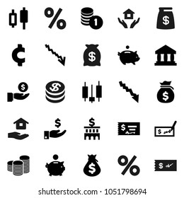 Flat vector icon set - house hold vector, bank, japanese candle, crisis, money bag, piggy, investment, coin stack, check, building, cent sign, dollar, percent