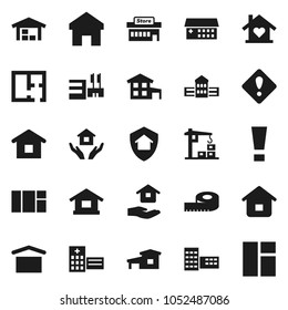 Flat vector icon set - house hold vector, school building, measuring, dry cargo, hospital, home, attention sign, cottage, barn, plan, love, construction crane, protect, mall, window