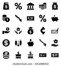 Flat vector icon set - house hold vector, bank, japanese candle, crisis, money bag, piggy, investment, coin stack, check, building, cent sign, dollar, percent