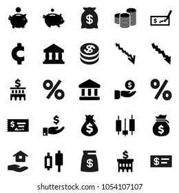 Flat vector icon set - house hold vector, bank, japanese candle, crisis, money bag, piggy, investment, coin stack, check, building, cent sign, dollar, percent