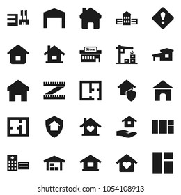 Flat vector icon set - house hold vector, school building, measuring, hospital, home, attention sign, cottage, barn, plan, love, construction crane, protect, mall, window