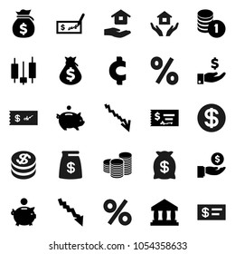 Flat vector icon set - house hold vector, bank, japanese candle, crisis, money bag, piggy, investment, coin stack, check, cent sign, dollar, percent