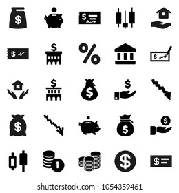 Flat vector icon set - house hold vector, bank, japanese candle, crisis, money bag, piggy, investment, coin stack, check, building, dollar, percent