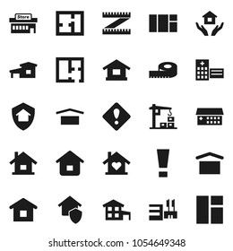 Flat vector icon set - house hold vector, measuring, dry cargo, hospital building, attention sign, cottage, plan, love home, construction crane, protect, mall, window