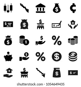 Flat vector icon set - house hold vector, bank, japanese candle, crisis, money bag, piggy, investment, coin stack, check, building, cent sign, dollar, percent