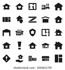 Flat vector icon set - house hold vector, school building, measuring, dry cargo, hospital, home, attention sign, barn, plan, love, protect, mall, window
