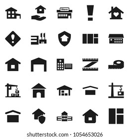 Flat vector icon set - house hold vector, school building, measuring, dry cargo, hospital, attention sign, cottage, barn, love home, construction crane, protect, mall, window
