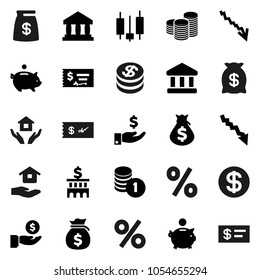 Flat vector icon set - house hold vector, bank, japanese candle, crisis, money bag, piggy, investment, coin stack, check, building, dollar, percent