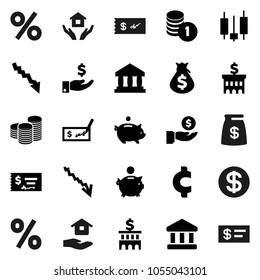 Flat vector icon set - house hold vector, bank, japanese candle, crisis, money bag, piggy, investment, coin stack, check, building, cent sign, dollar, percent
