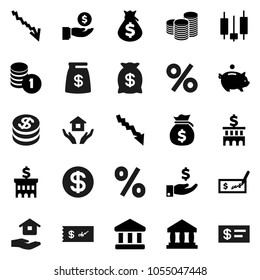 Flat vector icon set - house hold vector, bank, japanese candle, crisis, money bag, piggy, investment, coin stack, check, building, dollar, percent