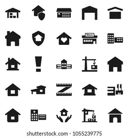 Flat vector icon set - house hold vector, school building, measuring, dry cargo, hospital, home, attention sign, cottage, barn, love, construction crane, protect, mall