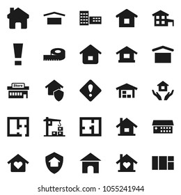 Flat vector icon set - house hold vector, school building, measuring, dry cargo, hospital, home, attention sign, cottage, barn, plan, love, construction crane, protect, mall, window
