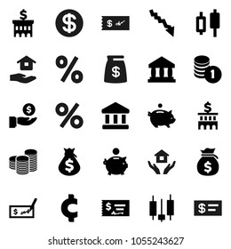 Flat vector icon set - house hold vector, bank, japanese candle, crisis, money bag, piggy, investment, coin stack, check, building, cent sign, dollar, percent