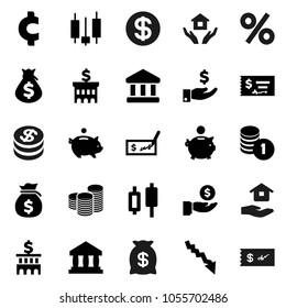Flat vector icon set - house hold vector, bank, japanese candle, crisis, money bag, piggy, investment, coin stack, check, building, cent sign, dollar, percent