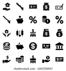 Flat vector icon set - house hold vector, bank, japanese candle, crisis, money bag, piggy, investment, coin stack, check, building, dollar, percent