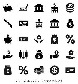 Flat vector icon set - house hold vector, bank, japanese candle, crisis, money bag, piggy, investment, coin stack, check, building, dollar, percent