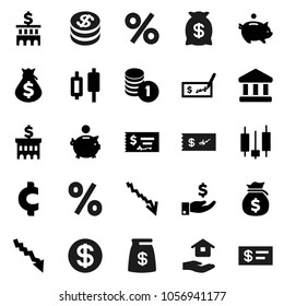 Flat vector icon set - house hold vector, bank, japanese candle, crisis, money bag, piggy, investment, coin stack, check, building, cent sign, dollar, percent