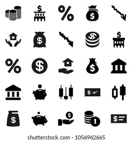 Flat vector icon set - house hold vector, bank, japanese candle, crisis, money bag, piggy, investment, coin stack, building, dollar, percent, check