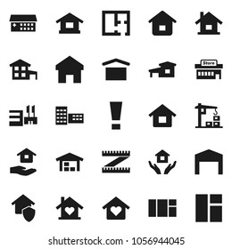 Flat vector icon set - house hold vector, school building, measuring, dry cargo, hospital, home, attention sign, cottage, barn, plan, love, construction crane, protect, mall, window