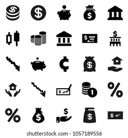 Flat vector icon set - house hold vector, bank, japanese candle, crisis, money bag, piggy, investment, coin stack, check, building, cent sign, dollar, percent