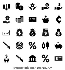 Flat vector icon set - house hold vector, bank, japanese candle, crisis, money bag, piggy, investment, coin stack, check, building, cent sign, dollar, percent