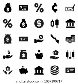Flat vector icon set - house hold vector, bank, japanese candle, crisis, money bag, piggy, investment, coin stack, check, cent sign, dollar, percent