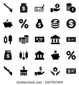 Flat vector icon set - house hold vector, bank, japanese candle, crisis, money bag, piggy, investment, coin stack, check, building, dollar, percent