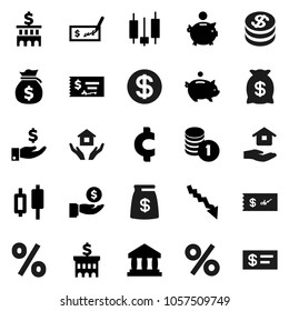 Flat vector icon set - house hold vector, bank, japanese candle, crisis, money bag, piggy, investment, coin stack, check, building, cent sign, dollar, percent