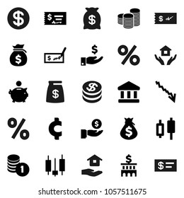 Flat vector icon set - house hold vector, bank, japanese candle, crisis, money bag, piggy, investment, coin stack, check, building, cent sign, dollar, percent