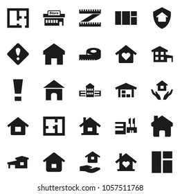 Flat vector icon set - house hold vector, school building, measuring, home, attention sign, cottage, barn, plan, love, protect, mall, window
