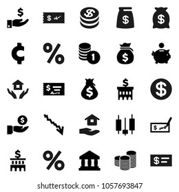 Flat vector icon set - house hold vector, bank, japanese candle, crisis, money bag, piggy, investment, coin stack, check, building, cent sign, dollar, percent